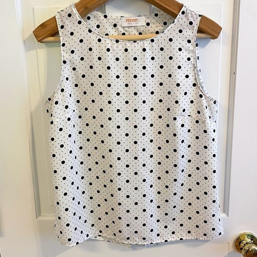 Renee C Leida Split Back Blouse White with Black Polka Dots Size Medium